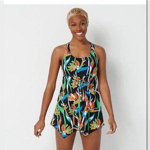Swim Dress Denim & Co. Beach Handkerchief Hem Black Tropical Sz 14 SWIM DRESS